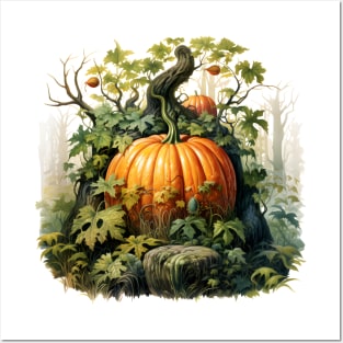 Whimsical Pumpkin Miniature Forest Watercolor Illustration of Autumn Posters and Art